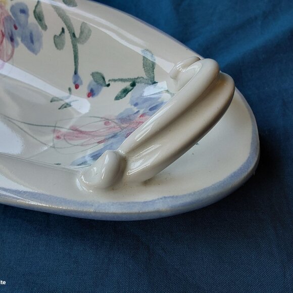 Studio pottery oblong serving dish with handles blue and pink flowers vtg 1993 - Picture 11 of 13